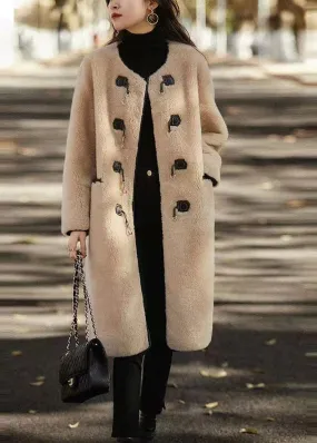 Light Camel Pockets Patchwork Wool Trench Button O Neck Winter LY9623