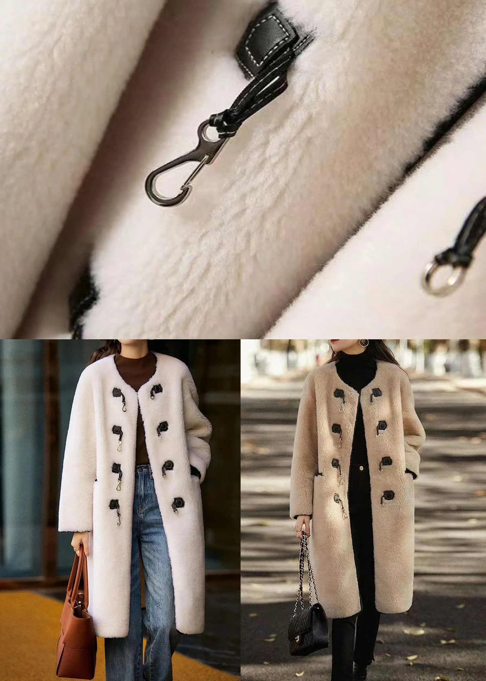 Light Camel Pockets Patchwork Wool Trench Button O Neck Winter LY9623