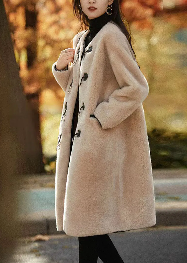 Light Camel Pockets Patchwork Wool Trench Button O Neck Winter LY9623