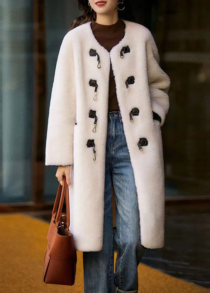 Light Camel Pockets Patchwork Wool Trench Button O Neck Winter LY9623