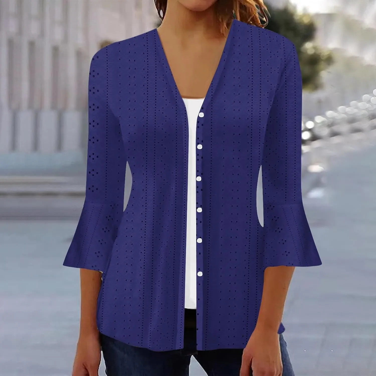 Lightweight Cardigans for Women 3/4 Sleeve Button Down Tops Loose Fit Cover Up Comfy Solid Color Open Front Blouses
