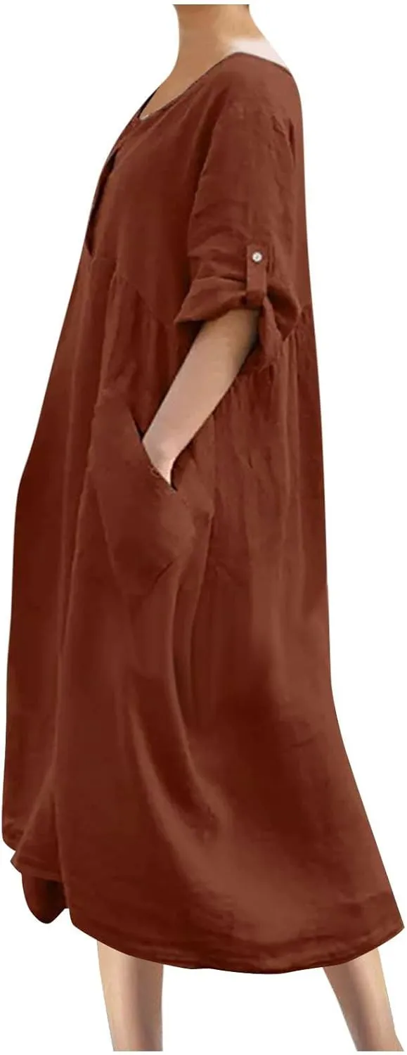 Linen Dress for Women Button Down Casual Crewneck Long Sleeve Dress Flowy Summer Vacation Beach Dress with Pockets