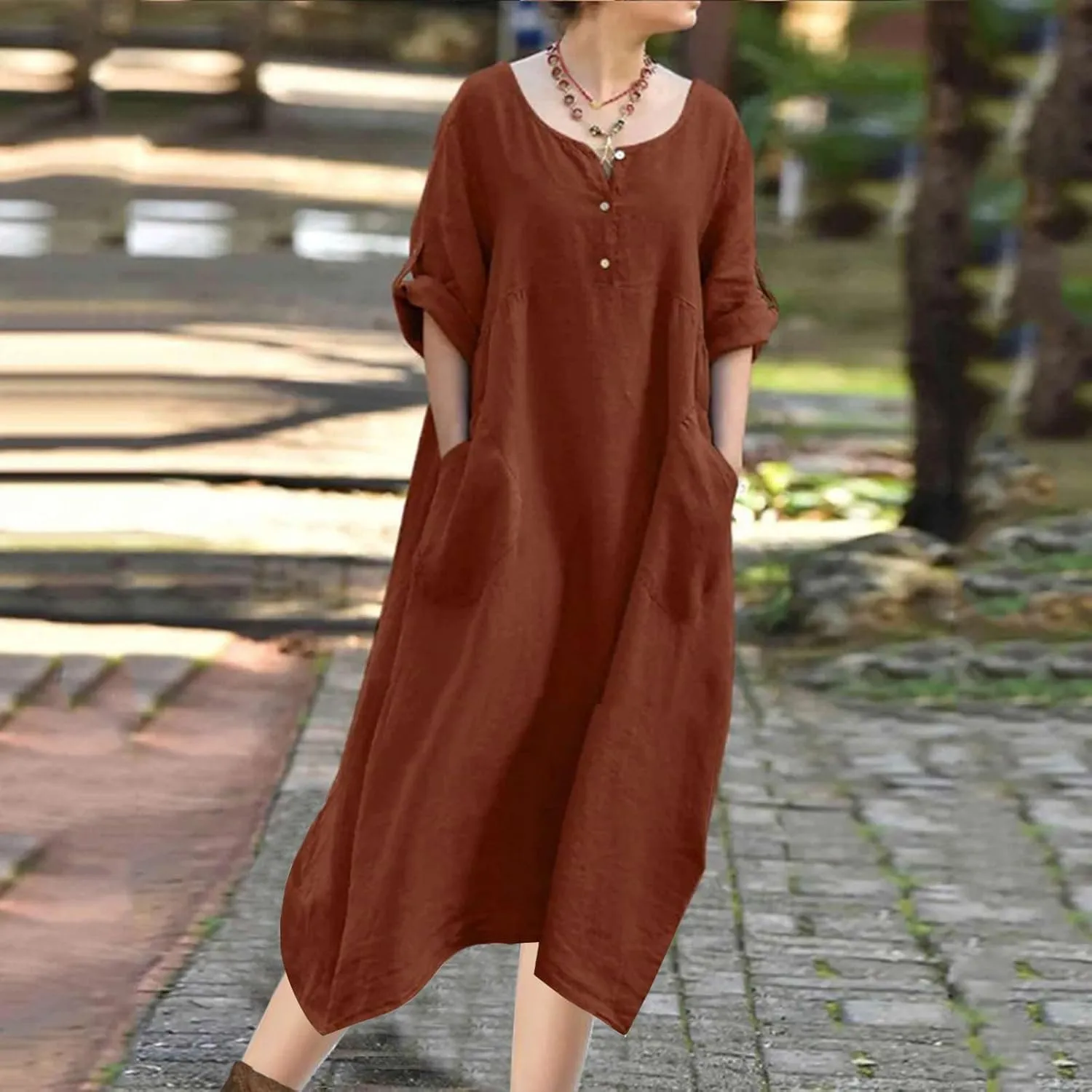 Linen Dress for Women Button Down Casual Crewneck Long Sleeve Dress Flowy Summer Vacation Beach Dress with Pockets