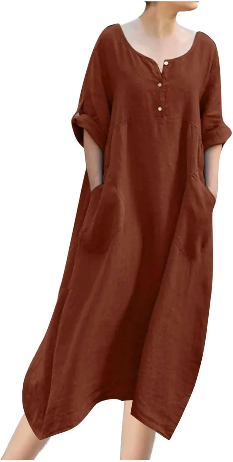 Linen Dress for Women Button Down Casual Crewneck Long Sleeve Dress Flowy Summer Vacation Beach Dress with Pockets