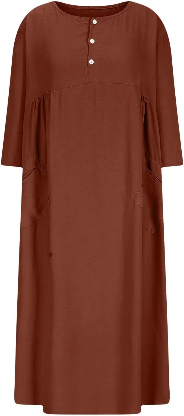 Linen Dress for Women Button Down Casual Crewneck Long Sleeve Dress Flowy Summer Vacation Beach Dress with Pockets