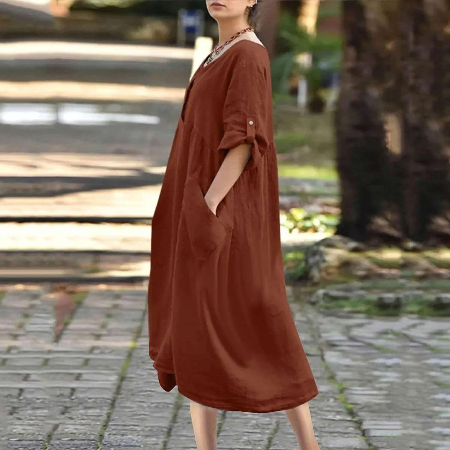 Linen Dress for Women Button Down Casual Crewneck Long Sleeve Dress Flowy Summer Vacation Beach Dress with Pockets