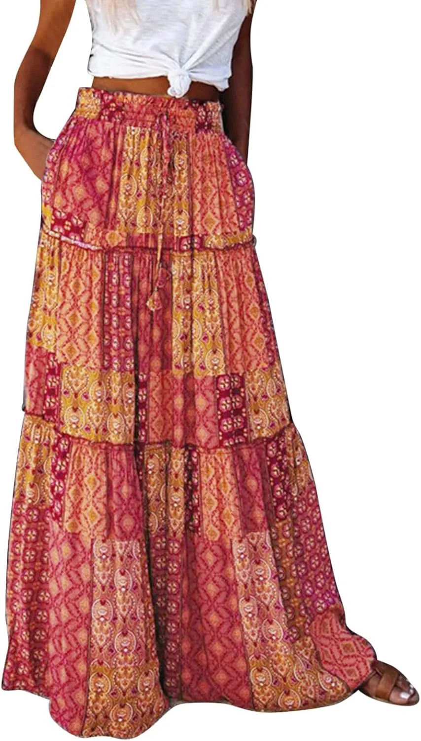 Long Skirts for Women Floral Print Boho Maxi Skirt Elastic High Waist Pleated Ruffle Flowy Swing Maxi Skirt with Pockets