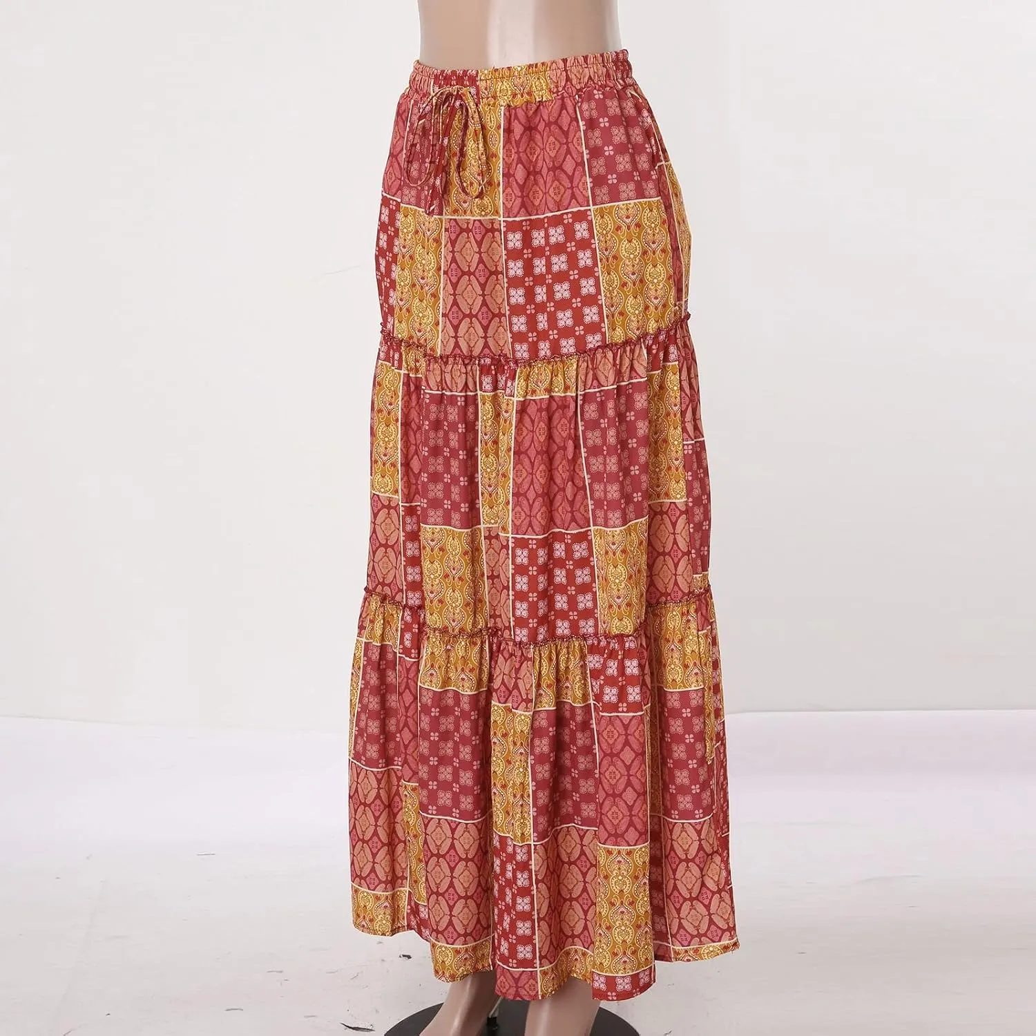 Long Skirts for Women Floral Print Boho Maxi Skirt Elastic High Waist Pleated Ruffle Flowy Swing Maxi Skirt with Pockets