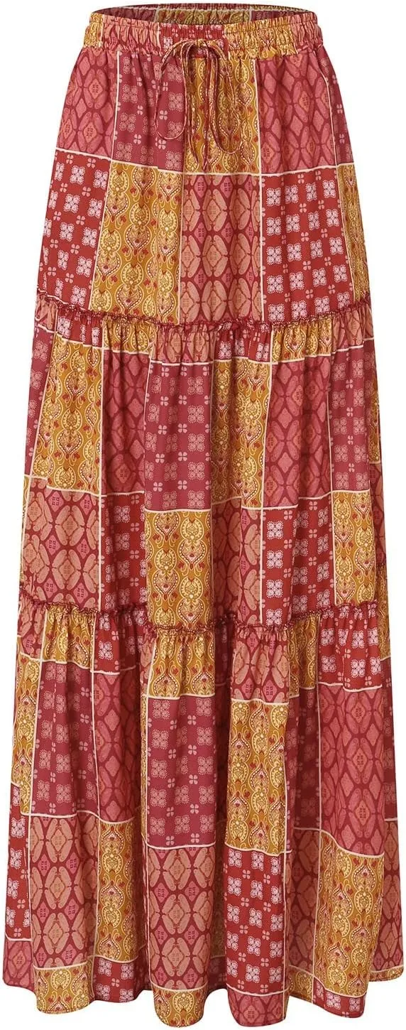 Long Skirts for Women Floral Print Boho Maxi Skirt Elastic High Waist Pleated Ruffle Flowy Swing Maxi Skirt with Pockets