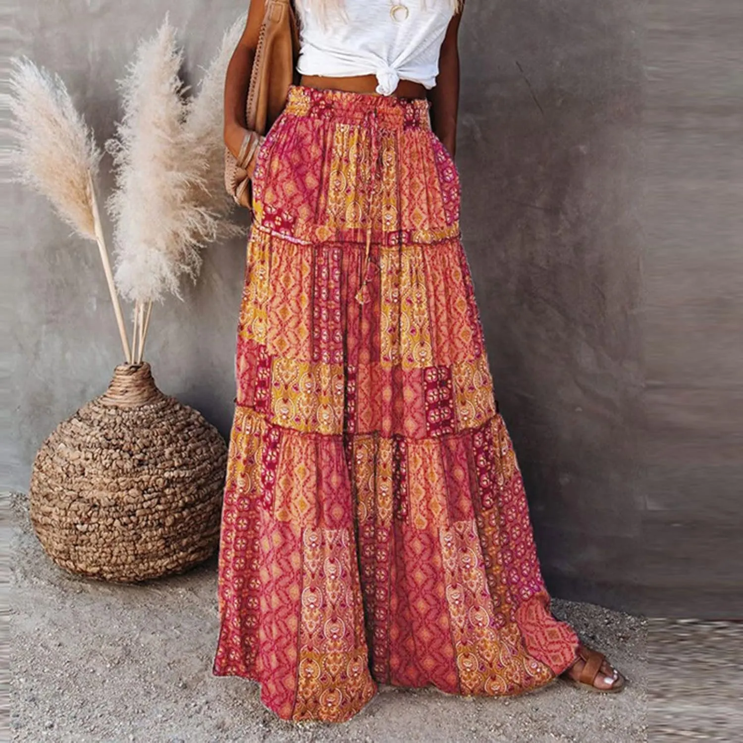 Long Skirts for Women Floral Print Boho Maxi Skirt Elastic High Waist Pleated Ruffle Flowy Swing Maxi Skirt with Pockets