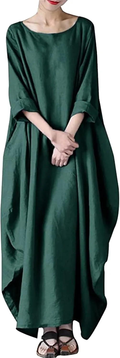 Long Sleeve Dress for Women Cotton Linen Long Dresses with Pockets Round Neck Plus Size Summer Dresses Maxi Dress