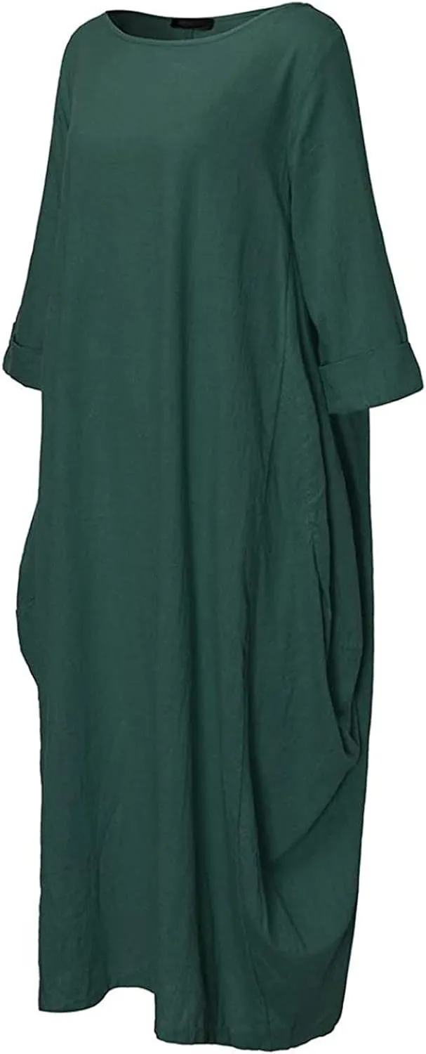 Long Sleeve Dress for Women Cotton Linen Long Dresses with Pockets Round Neck Plus Size Summer Dresses Maxi Dress