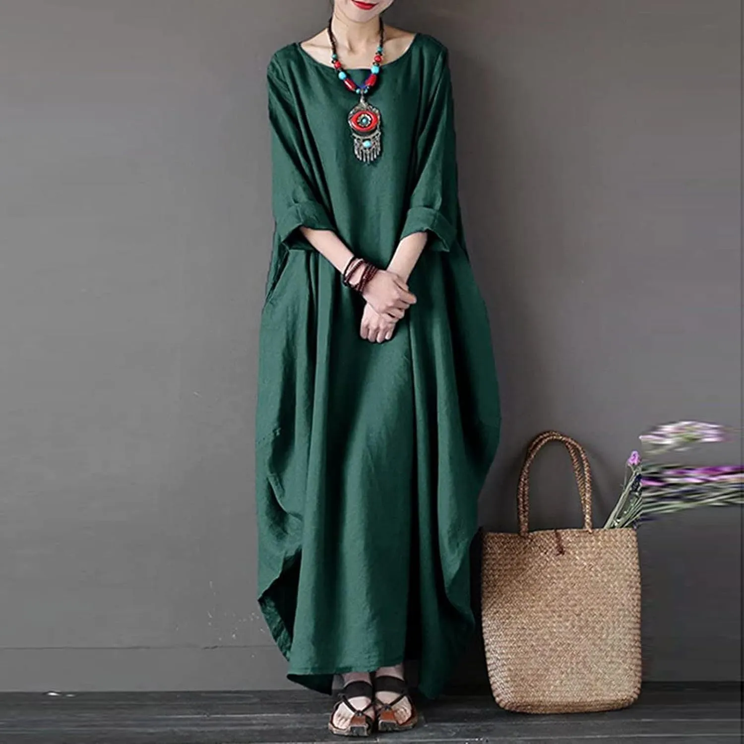 Long Sleeve Dress for Women Cotton Linen Long Dresses with Pockets Round Neck Plus Size Summer Dresses Maxi Dress