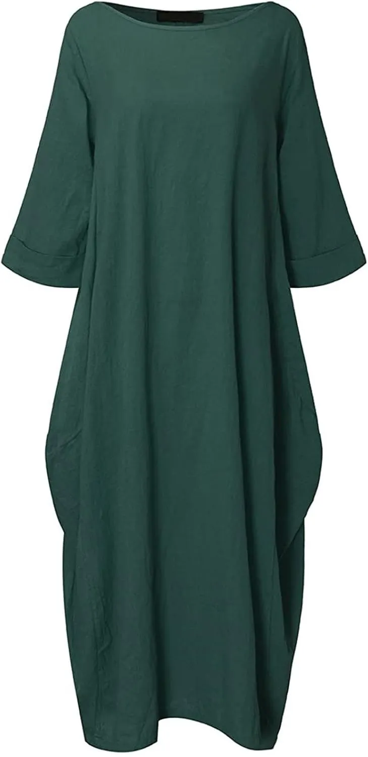 Long Sleeve Dress for Women Cotton Linen Long Dresses with Pockets Round Neck Plus Size Summer Dresses Maxi Dress