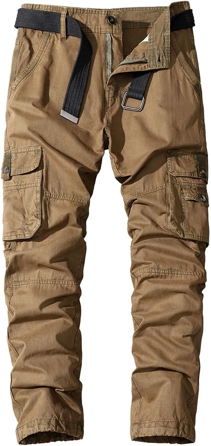Lu's Chic Men's Casual Cargo Pants Straight Leg Trousers Cotton Loose Drawstring Casual Work Utility Pants
