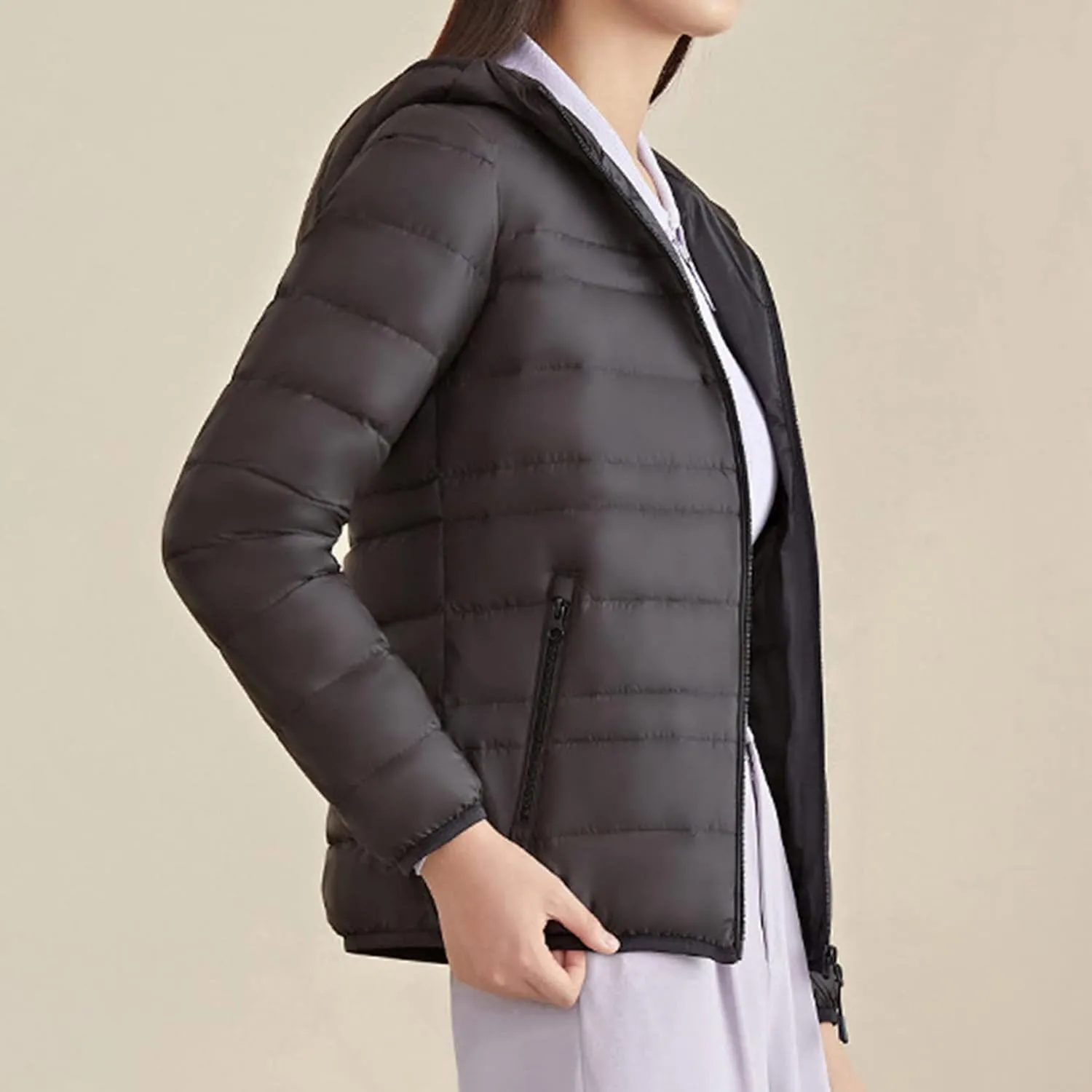 Lu's Chic Women's Down Jacket Puffer Coat Hooded Zipper Zip Up Hood Outerwear Ultra Lightweight