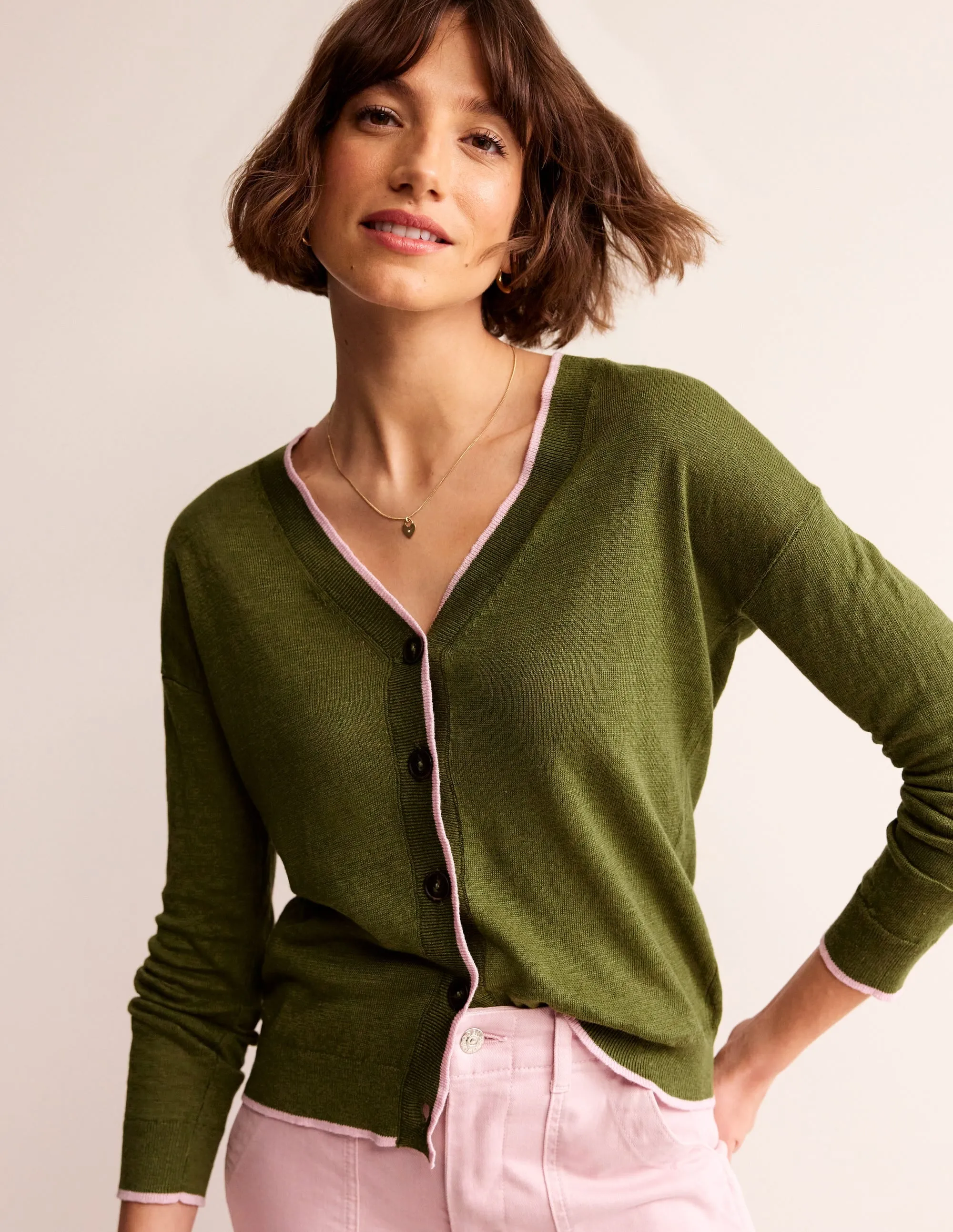 Maggie V-Neck Linen Cardigan-Spruce Green