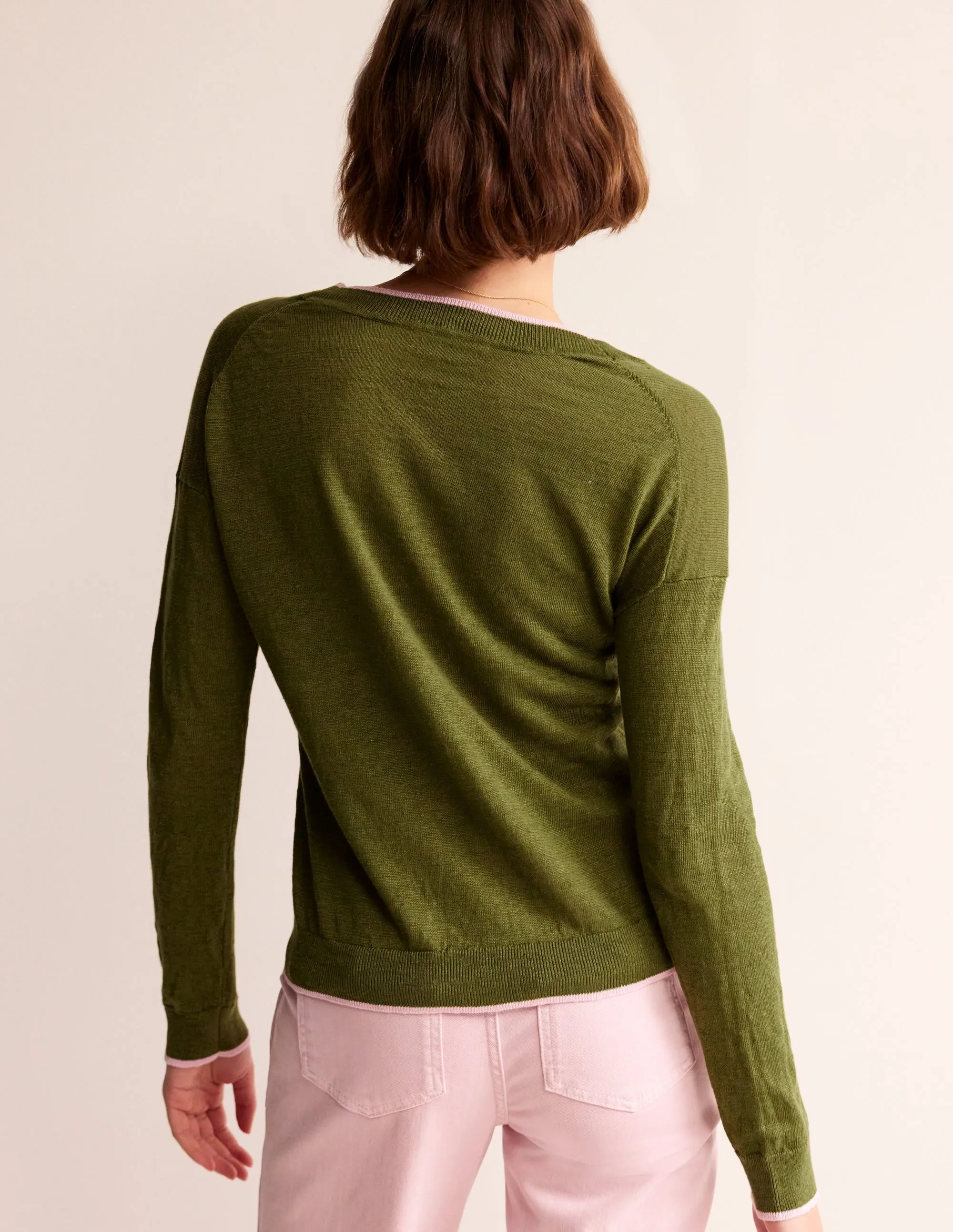 Maggie V-Neck Linen Cardigan-Spruce Green