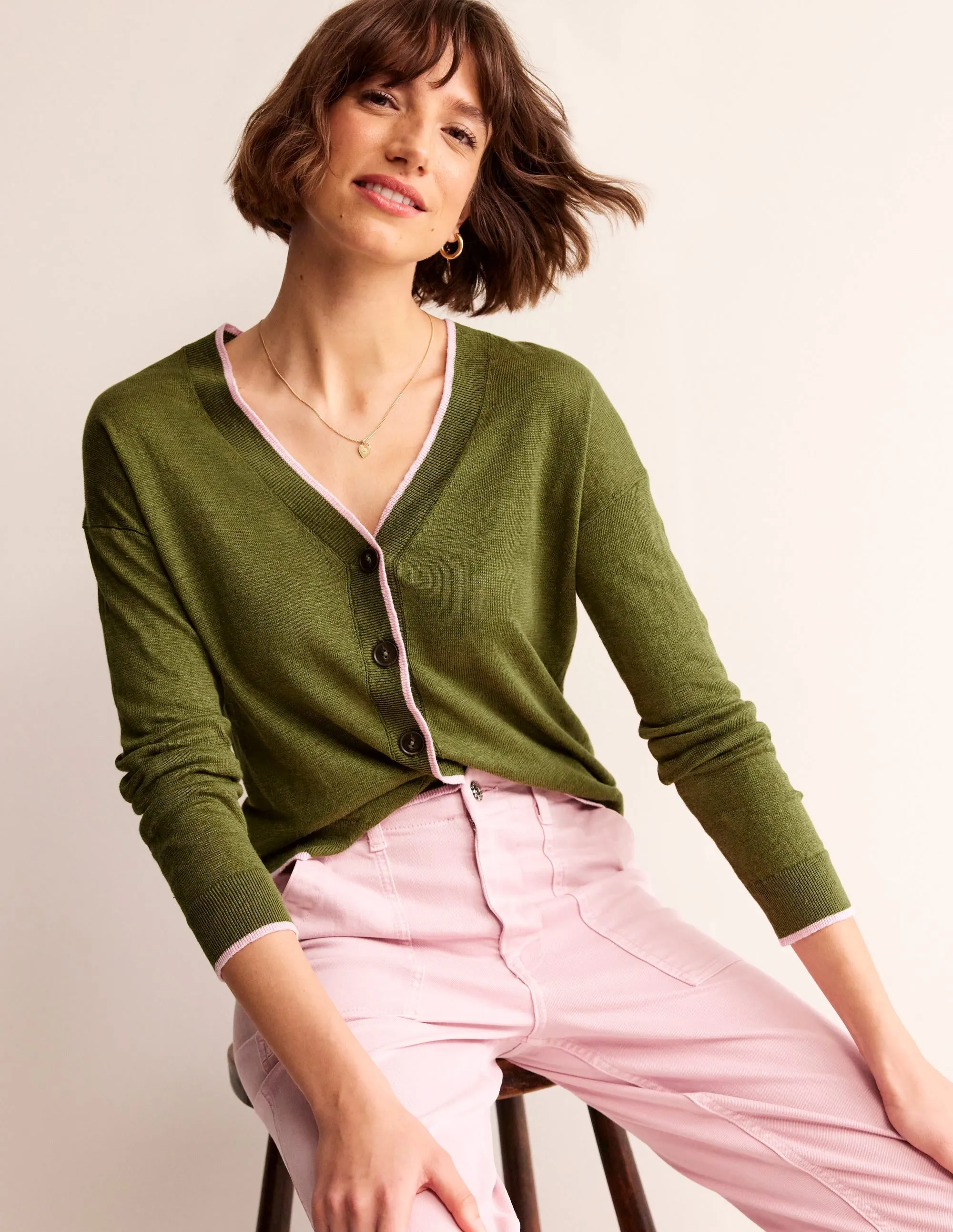 Maggie V-Neck Linen Cardigan-Spruce Green