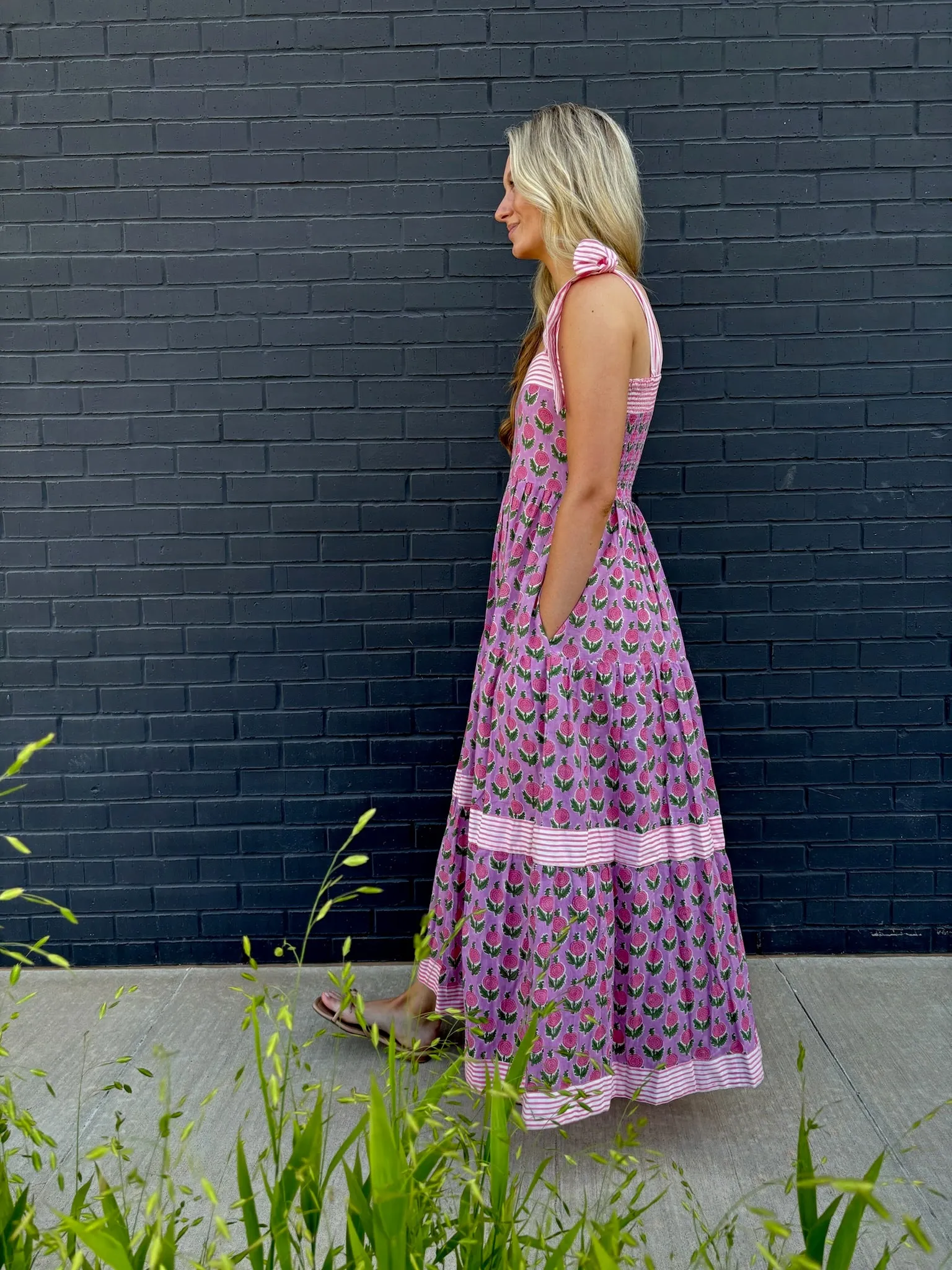 Maisie Maxi Dress in Pink Posey block print