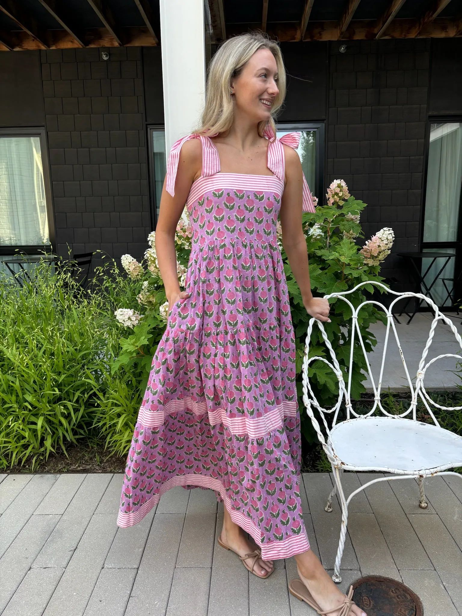 Maisie Maxi Dress in Pink Posey block print