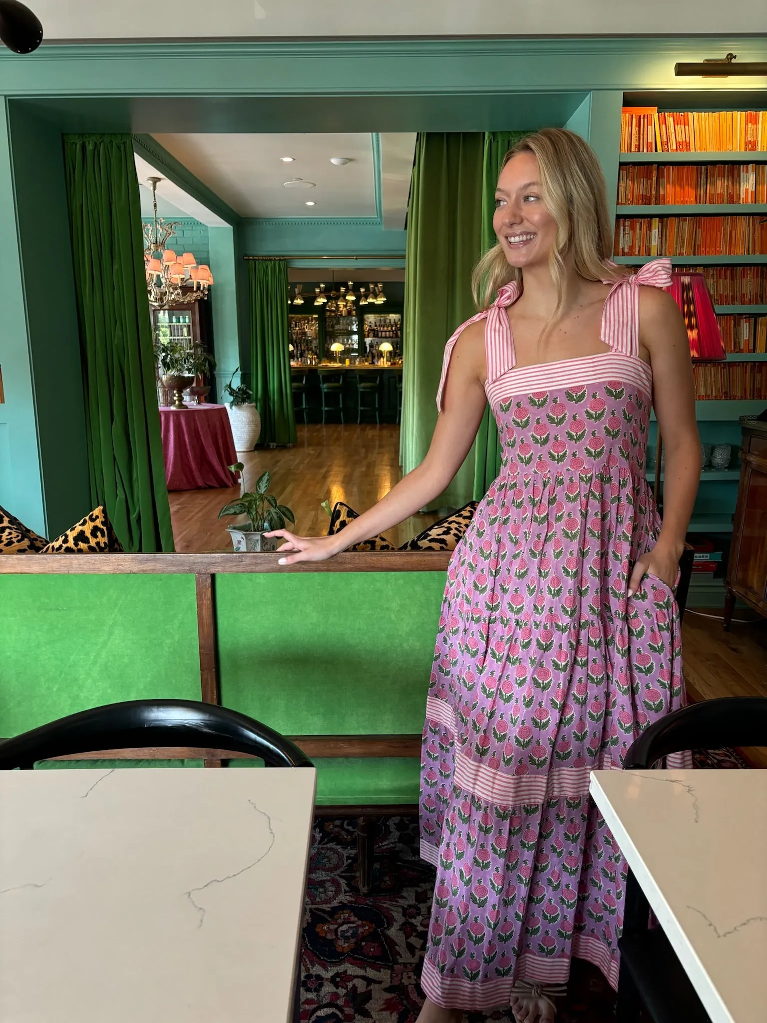 Maisie Maxi Dress in Pink Posey block print
