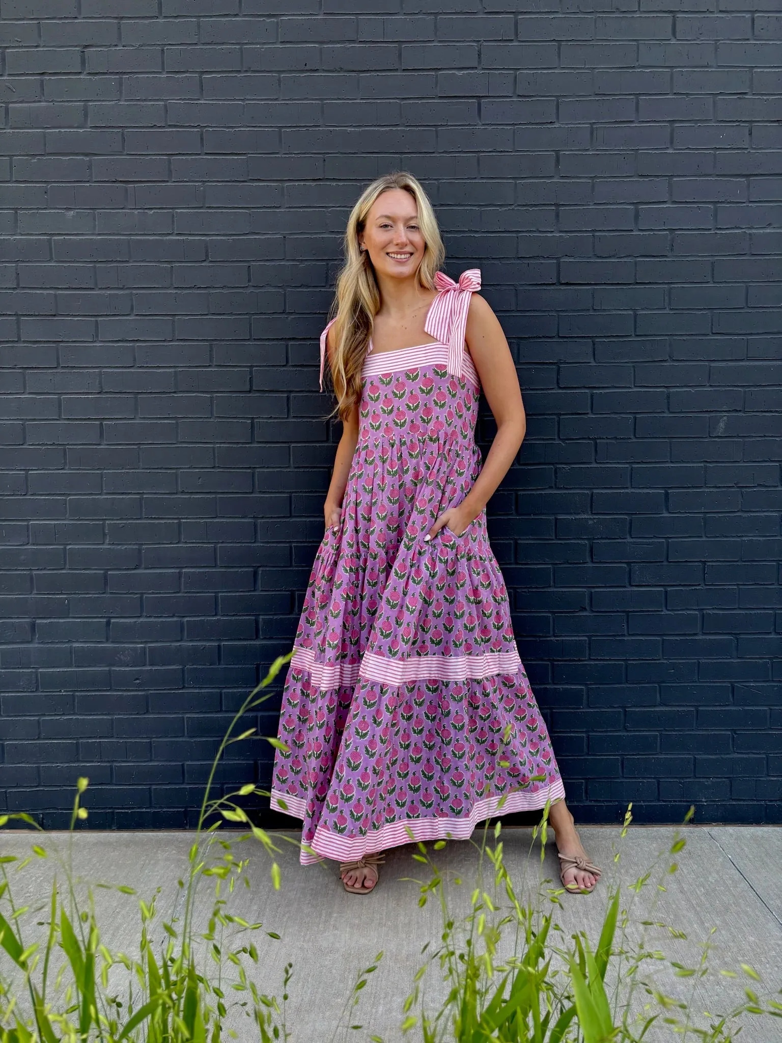 Maisie Maxi Dress in Pink Posey block print