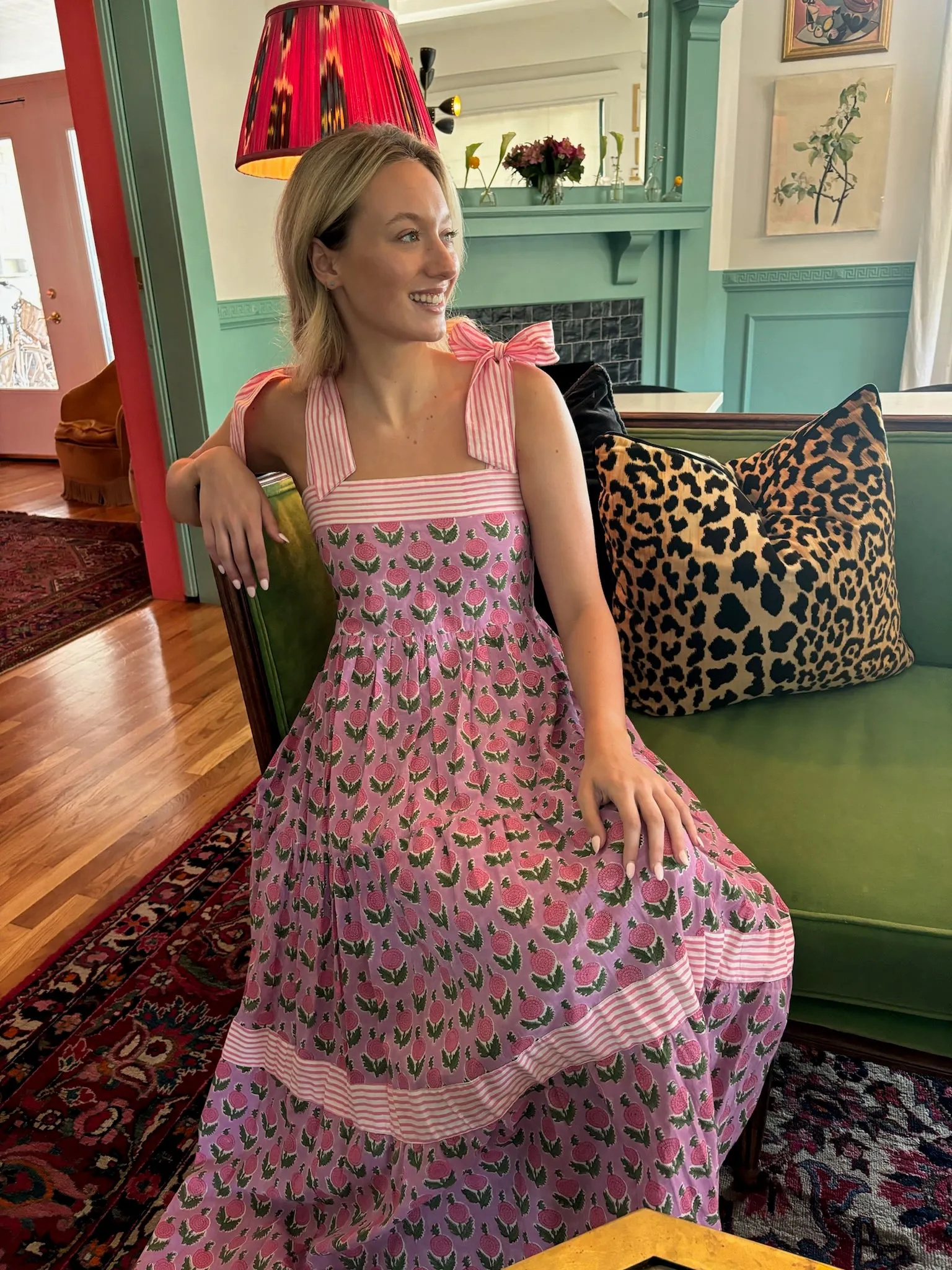 Maisie Maxi Dress in Pink Posey block print
