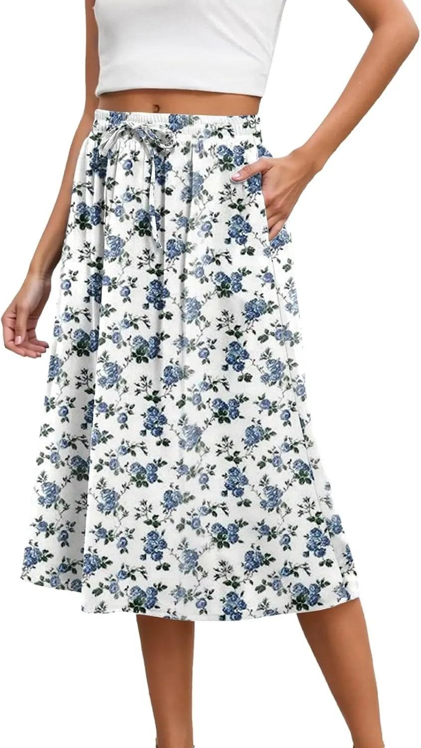 Maxi Skirts for Women 2025 Summer Vacation Comfy Drawstring Waist Pleated A-Line Beach Bohemian Casual Midi Skirts