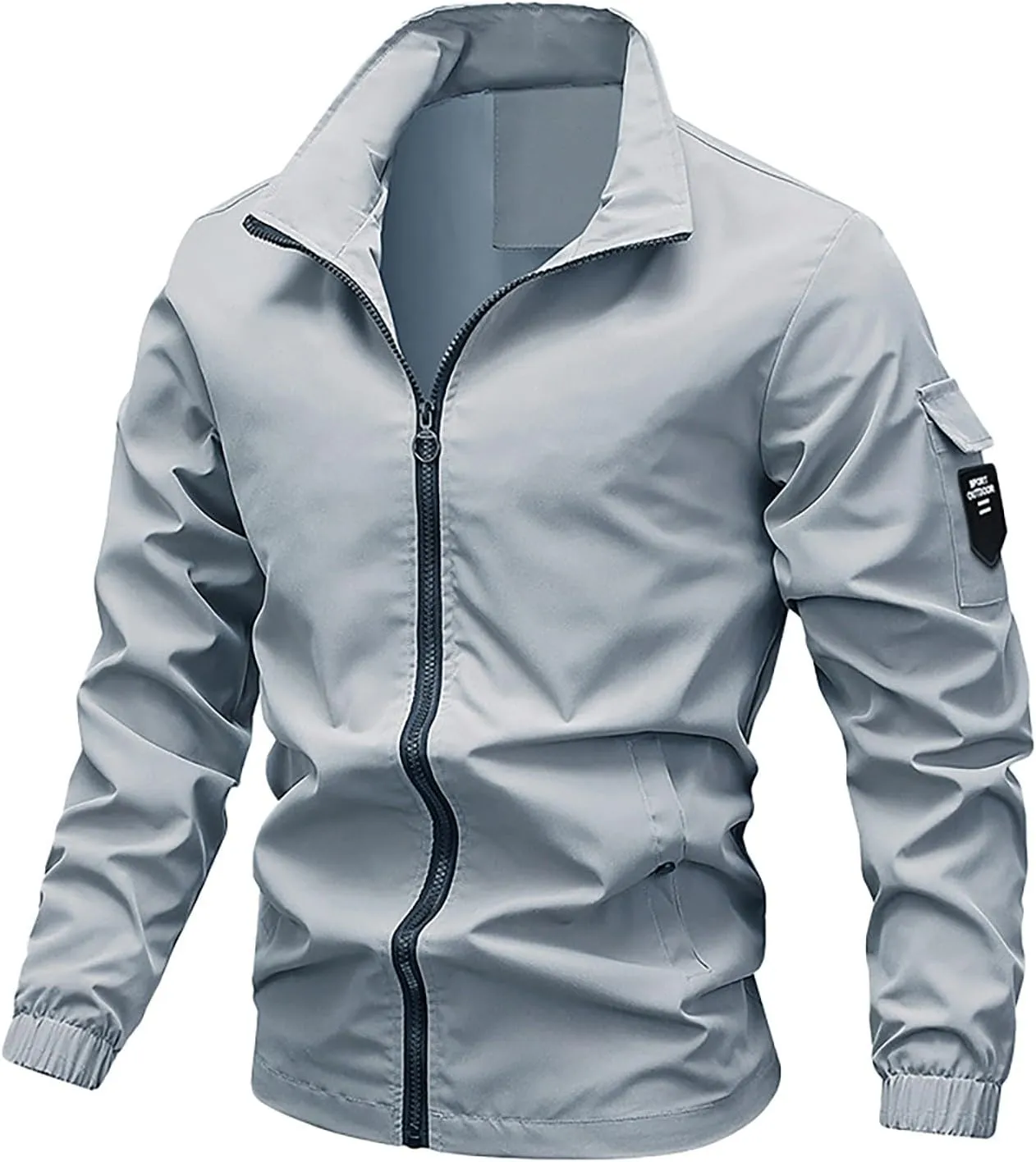 Men Light Bomber Jacket Oversize Softshell Full Zip Stand Collar Windproof Coats Hiking Travel Outwear with Pockets