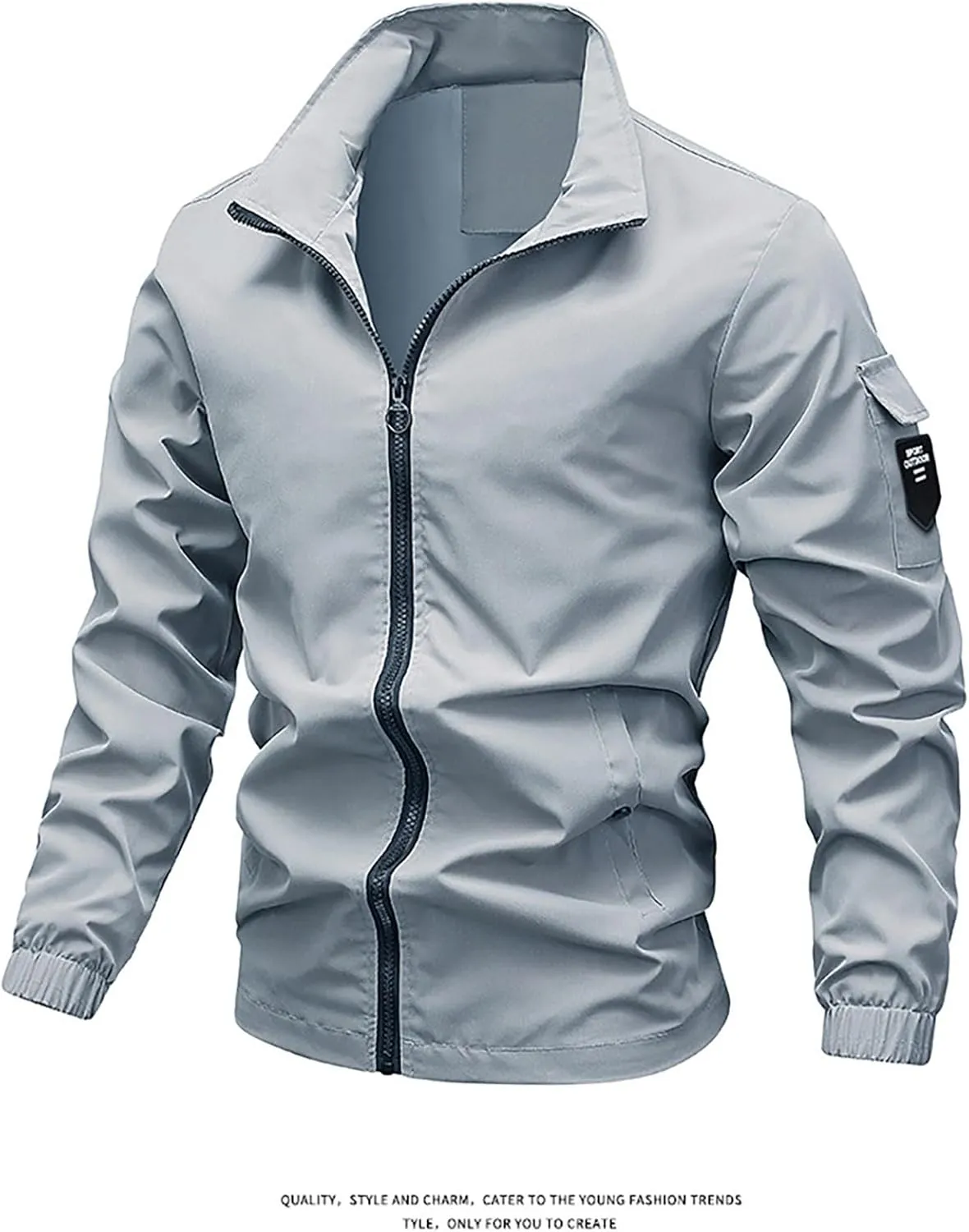 Men Light Bomber Jacket Oversize Softshell Full Zip Stand Collar Windproof Coats Hiking Travel Outwear with Pockets