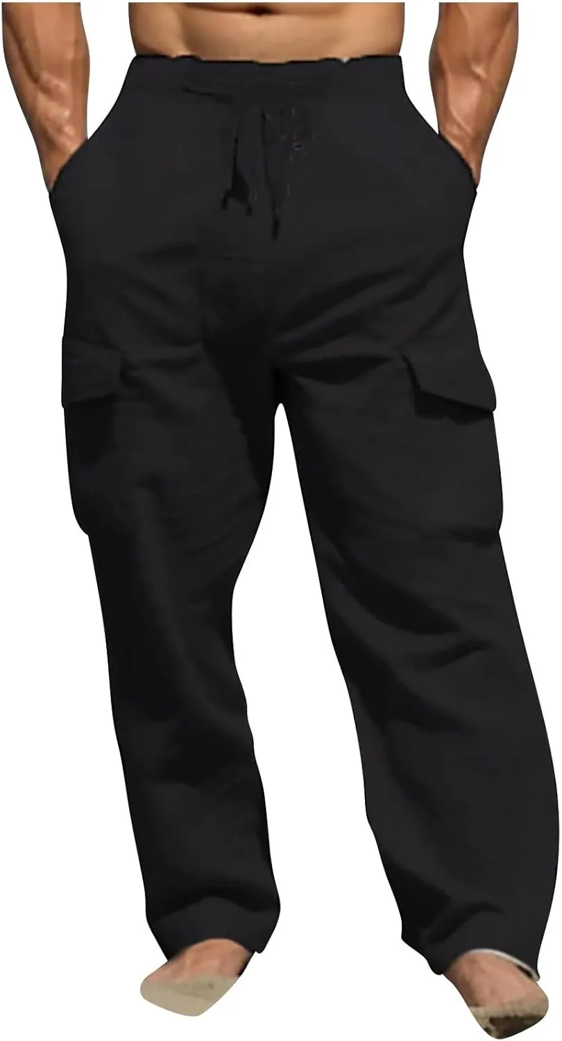 Men's Lightweight Linen Cargo Pants Breathable Multi Pockets Elastic Waist Drawstring Baggy Style Beach Trousers