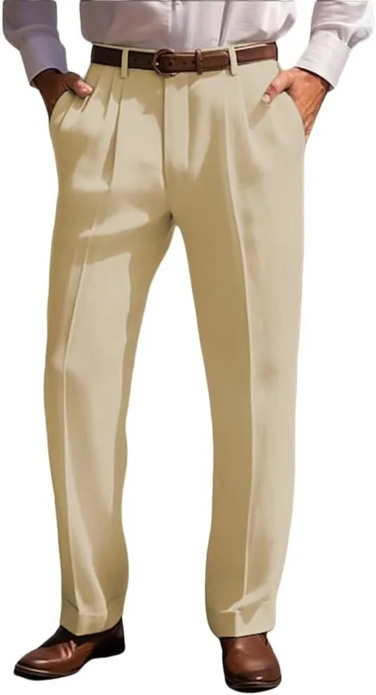 Men’s Linen Leisure Dress Pants Pleated Summer Casual Pants Loose Fit Breathable Beach Vacation Pants Long