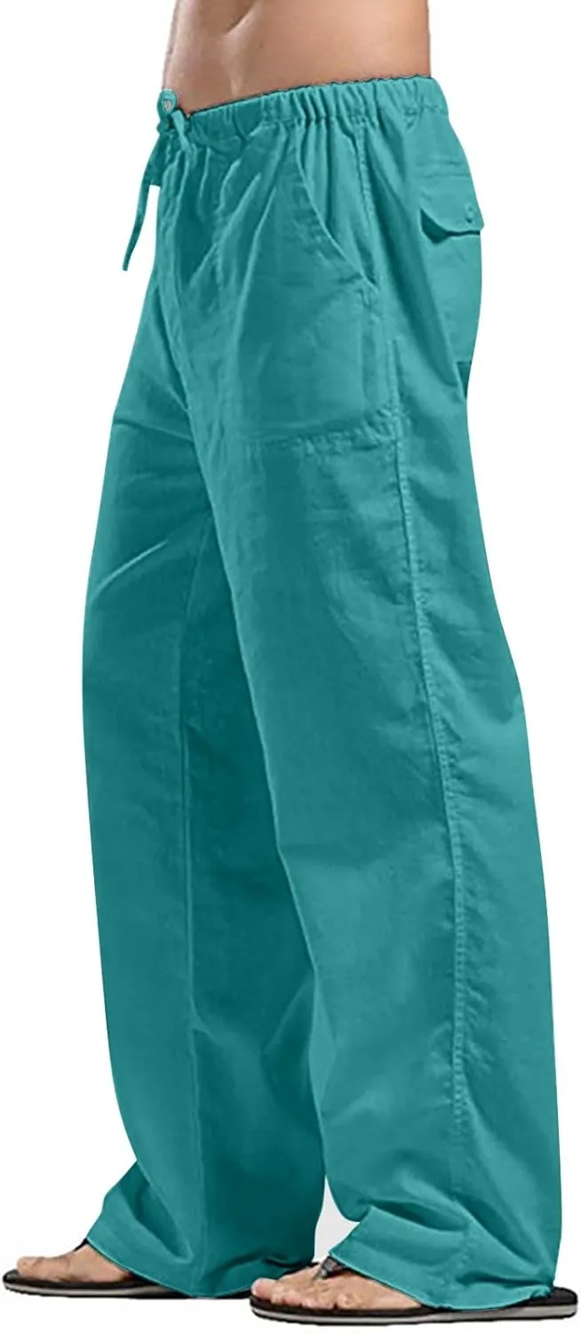 Mens Linen Pants Slim Fit Casual Elastic Waist Summer Beach Pants Lightweight Breathable Yoga Vacation Trousers