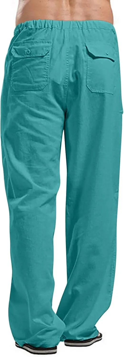Mens Linen Pants Slim Fit Casual Elastic Waist Summer Beach Pants Lightweight Breathable Yoga Vacation Trousers