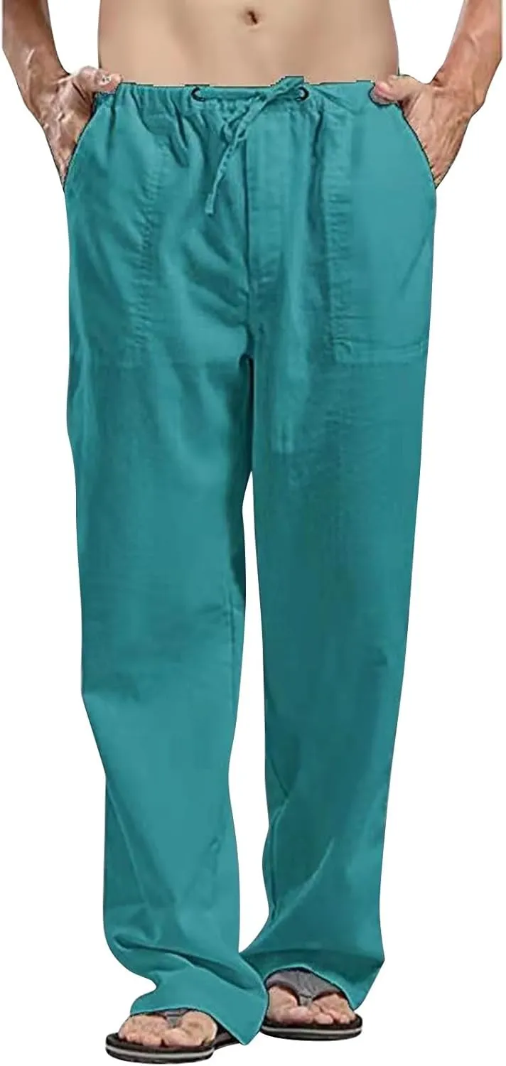 Mens Linen Pants Slim Fit Casual Elastic Waist Summer Beach Pants Lightweight Breathable Yoga Vacation Trousers