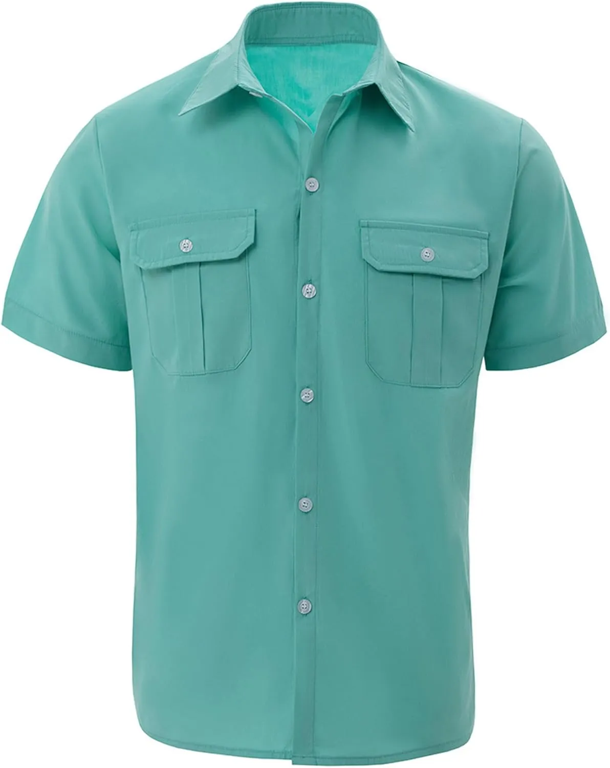 Men's Retro Classic Shirt Button Down Lapel Double Pocket Solid Color Short-Sleeved Summer Casual Breathable Shirt