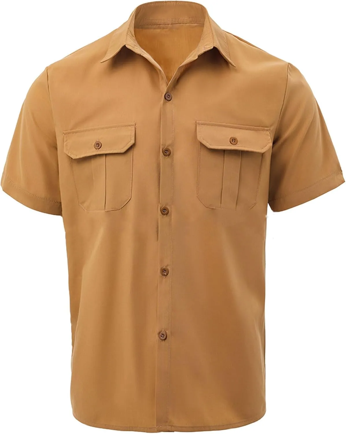 Men's Retro Classic Shirt Button Down Lapel Double Pocket Solid Color Short-Sleeved Summer Casual Breathable Shirt