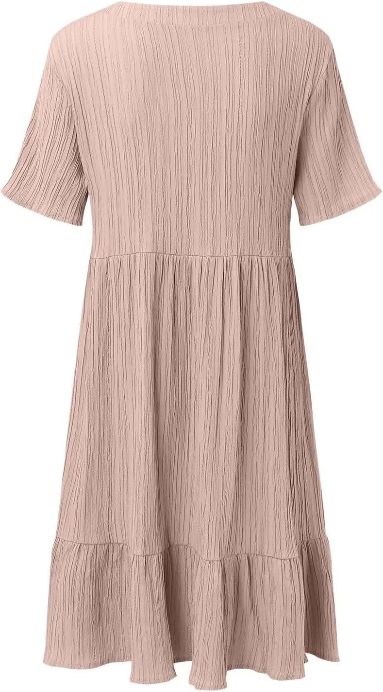 Midi Dresses for Women Ruched Empire Waist Casual Dresses Loose V Neck Short Sleeve Vacation Beach Summer Dresses