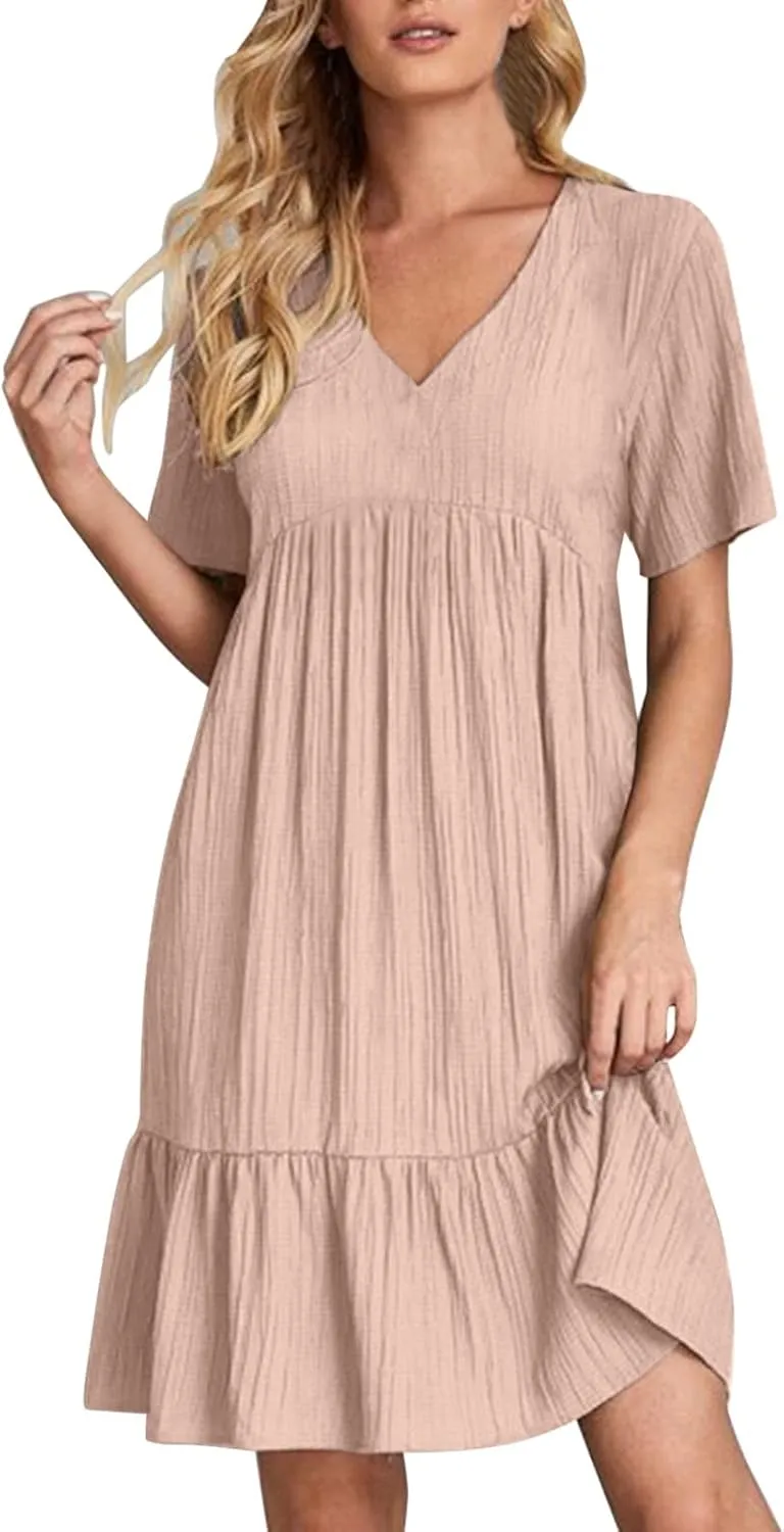 Midi Dresses for Women Ruched Empire Waist Casual Dresses Loose V Neck Short Sleeve Vacation Beach Summer Dresses