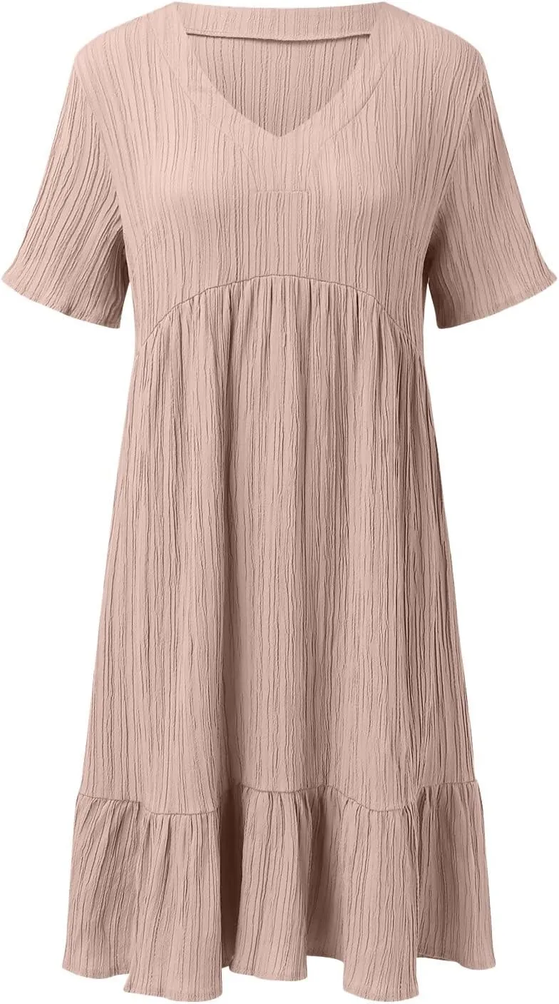 Midi Dresses for Women Ruched Empire Waist Casual Dresses Loose V Neck Short Sleeve Vacation Beach Summer Dresses