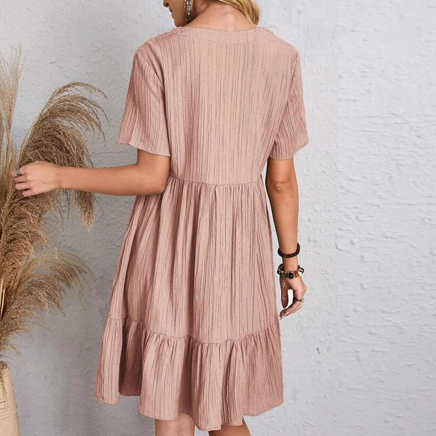 Midi Dresses for Women Ruched Empire Waist Casual Dresses Loose V Neck Short Sleeve Vacation Beach Summer Dresses