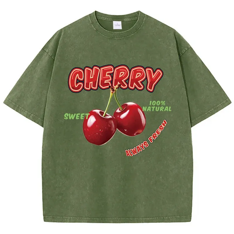 Oversized Cotton T-Shirt with Fun Cherry Print - Comfortable Short Sleeve Casual Top for Summer Outings