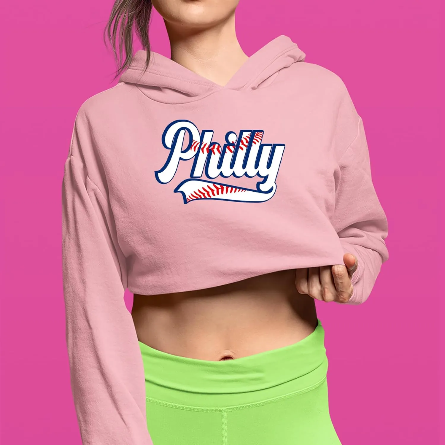 Philly Baseball Stitching Cropped Fleece Hoodie, Soft & Cozy, Trendy Fit