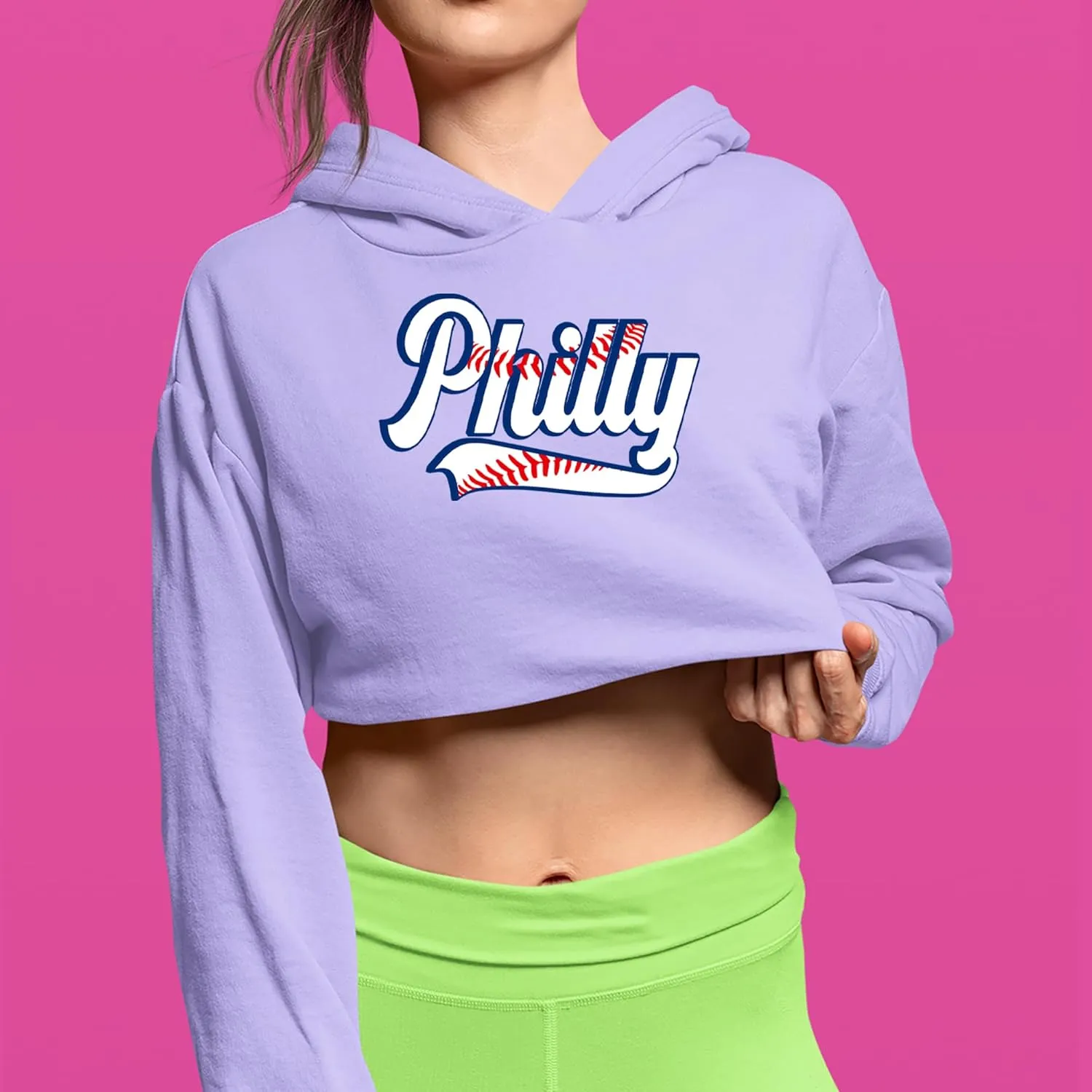 Philly Baseball Stitching Cropped Fleece Hoodie, Soft & Cozy, Trendy Fit