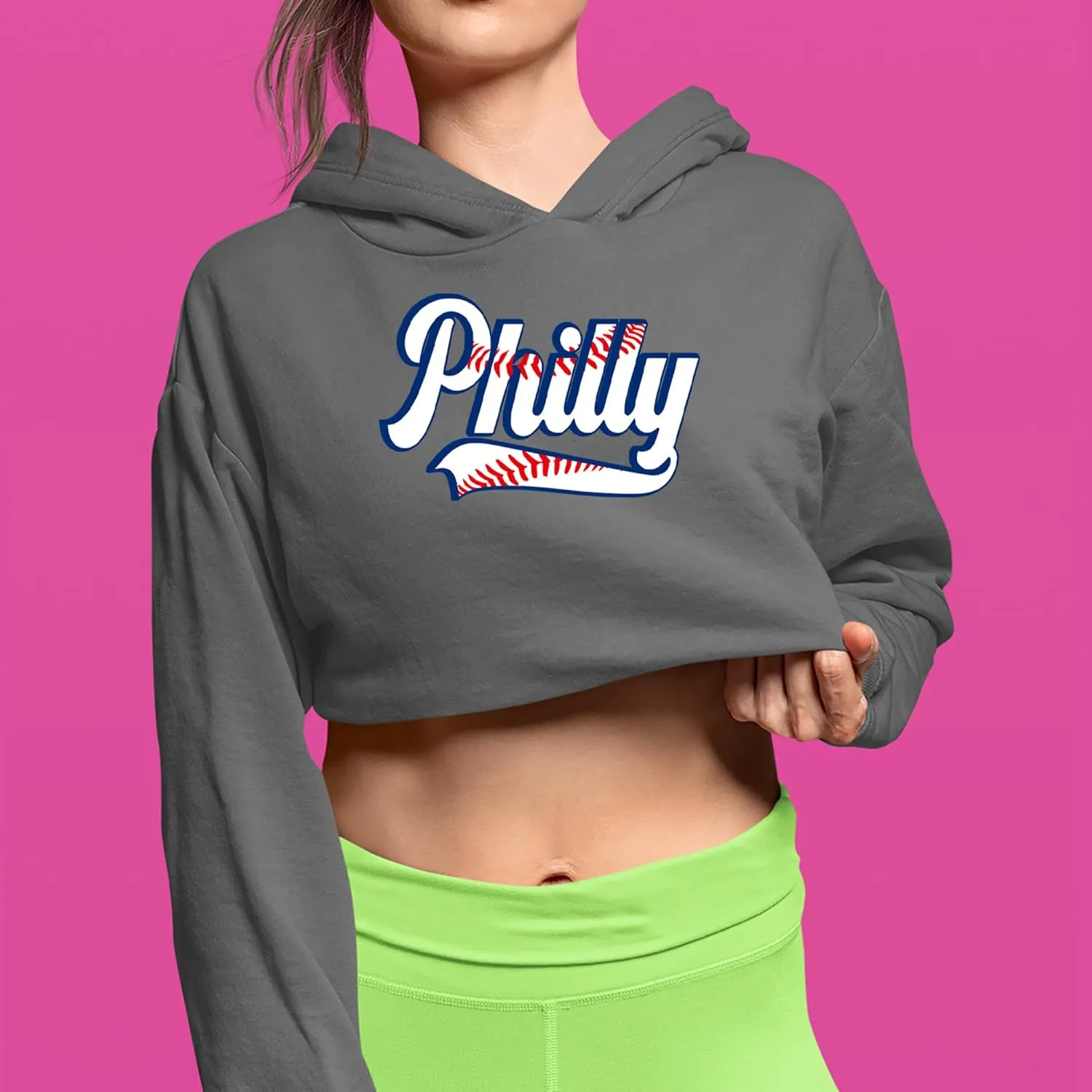 Philly Baseball Stitching Cropped Fleece Hoodie, Soft & Cozy, Trendy Fit