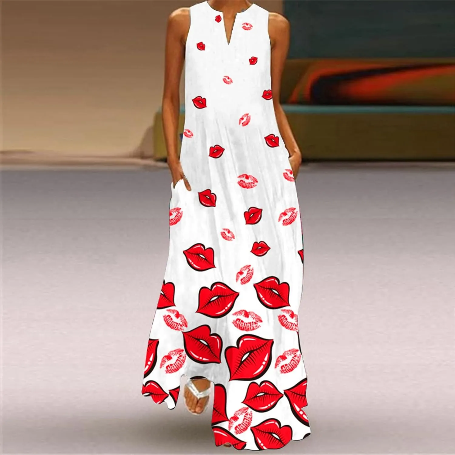 Plus Size Summer Dresses Casual Sundresses with Pockets Floral Print Bohemian V Neck Sleeveless Sun Dress Maxi Dress