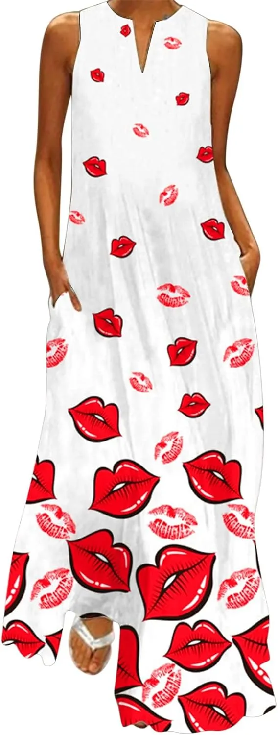 Plus Size Summer Dresses Casual Sundresses with Pockets Floral Print Bohemian V Neck Sleeveless Sun Dress Maxi Dress