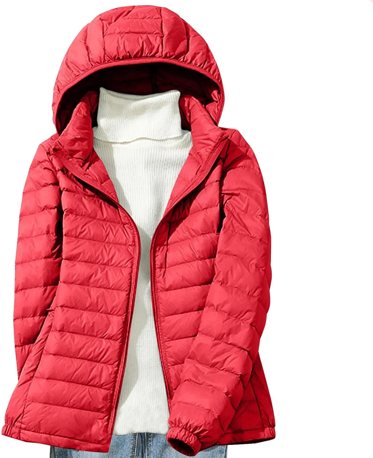 Quilted Jacket Womens With Detachable Hood 2024 Ultra Light Weight Zipper Long Sleeve Down Coat Winter Puffer Jackets