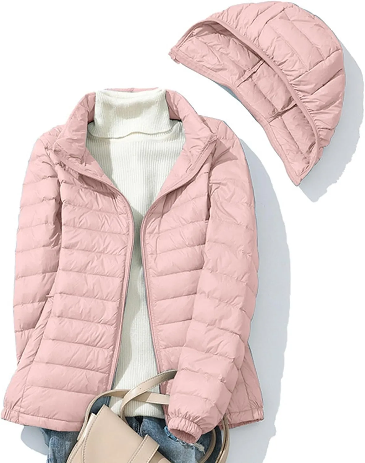 Quilted Jacket Womens With Detachable Hood 2024 Ultra Light Weight Zipper Long Sleeve Down Coat Winter Puffer Jackets